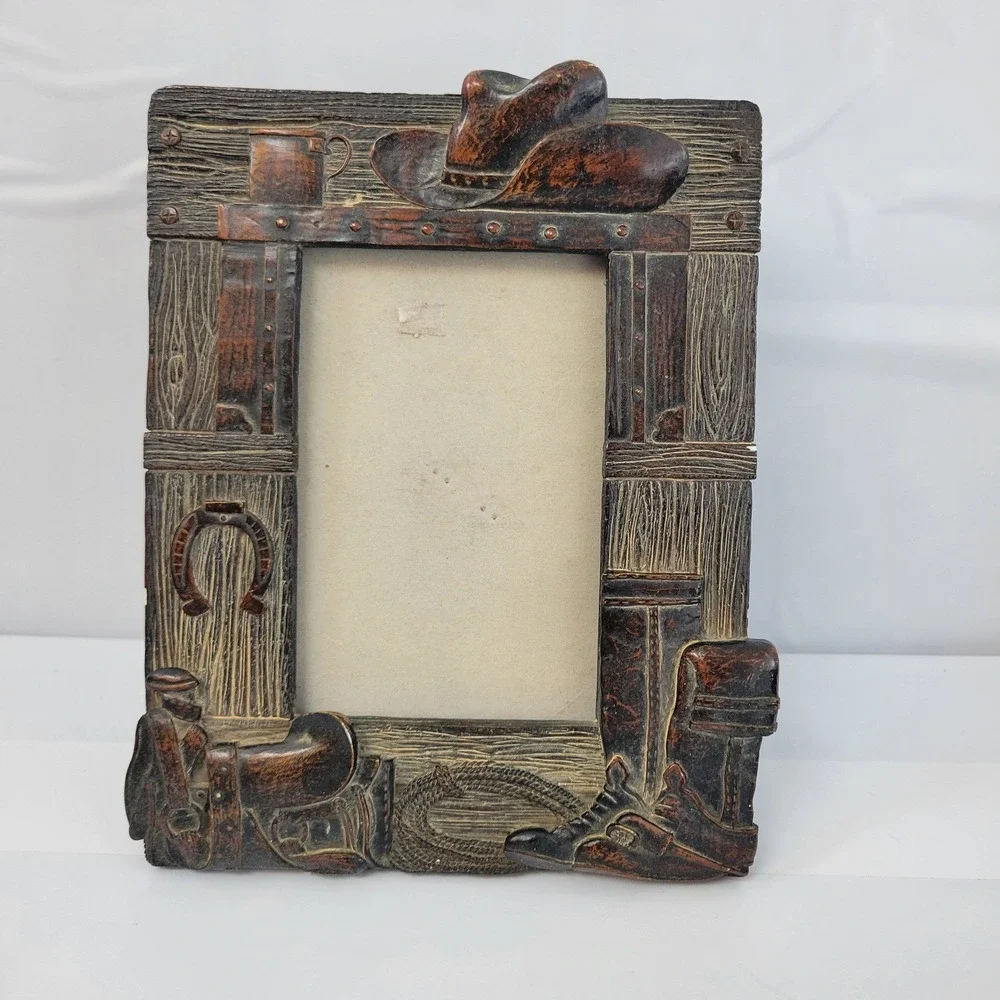 Rustic Cowboy Western Picture Frame Photo Holder Hat Boots Horseshoe Saddle Rope